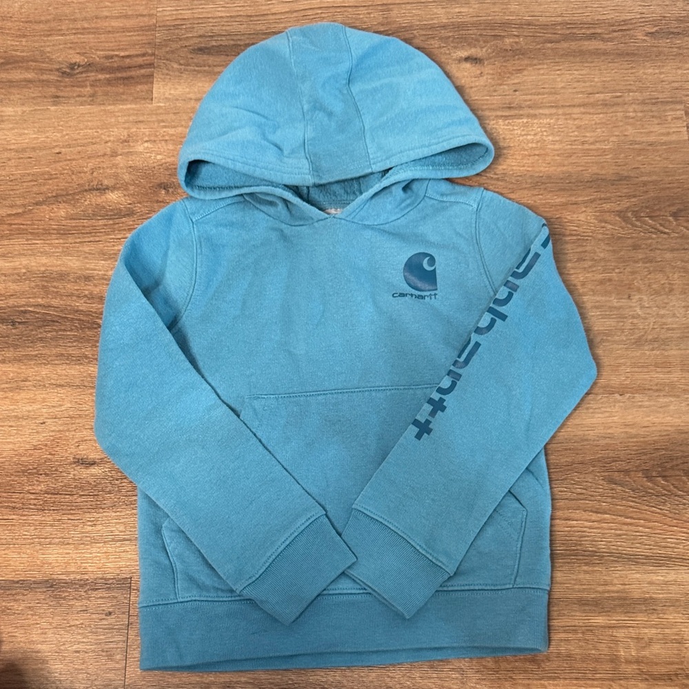 Carhartt Kids Teal Pullover Hoodie with Logo Sleeve